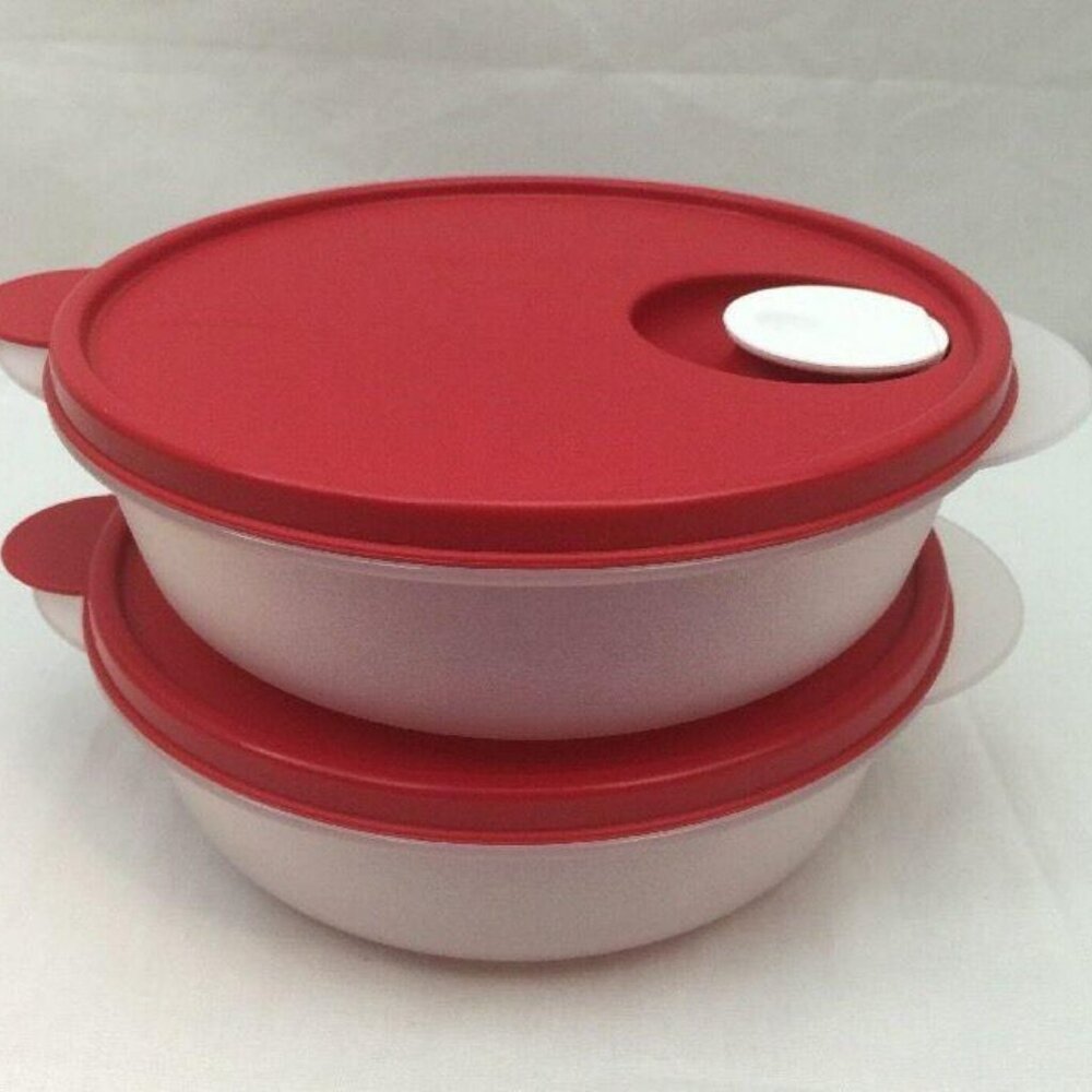Tupperware Crystalwave Bowl Set 2 Sheer Bowls with Red Seals , White Steam Vents